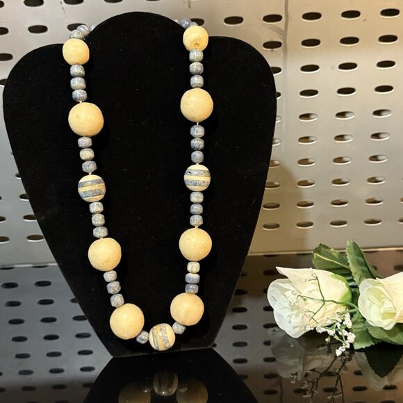 Handcrafted Chunky Ceramic Beaded Necklace – Blue & Cream Statement Jewelry - Picture 11 of 12